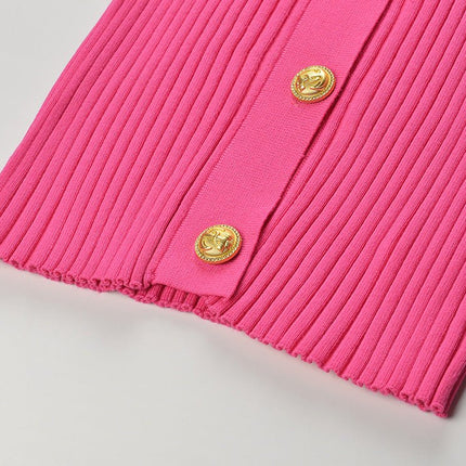Pink Ribbed Texture Fitted Blazer with Gold Button Accents and Chain Trim