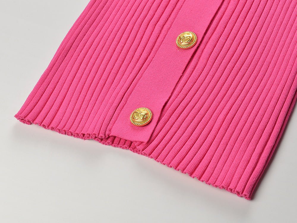 Pink Ribbed Texture Fitted Blazer with Gold Button Accents and Chain Trim