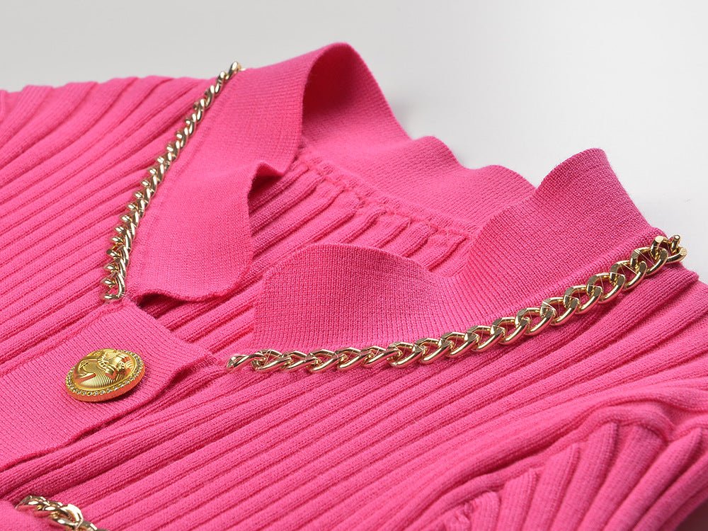 Pink Ribbed Texture Fitted Blazer with Gold Button Accents