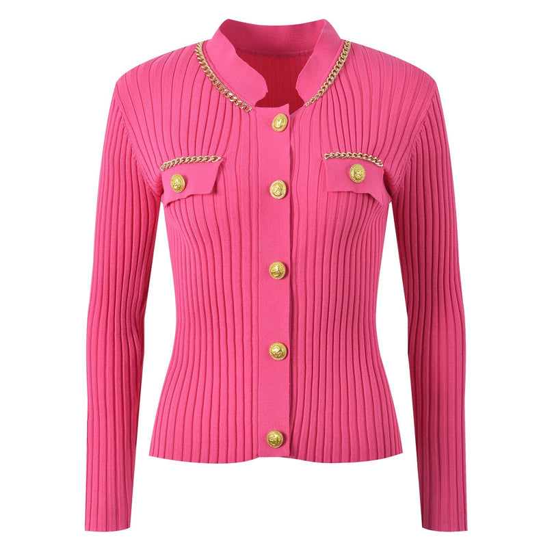Pink Ribbed Texture Slim Fit Blazer with Gold Button Accents and Chain Trim