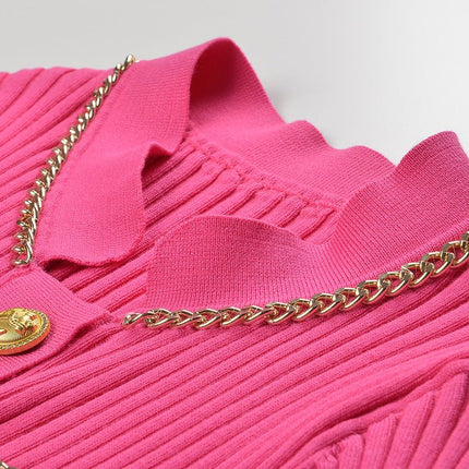 Pink Ribbed Texture Slim Fit Blazer with Gold Button Accents and Chain Trim