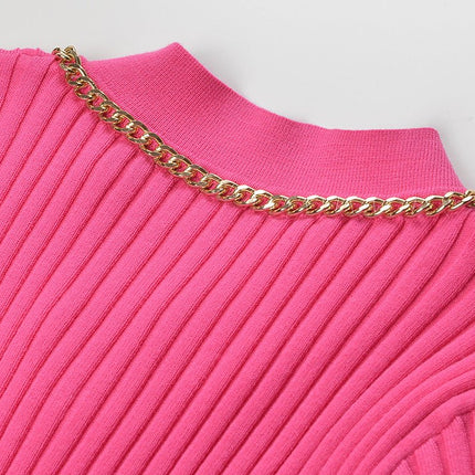 Pink Ribbed Texture Slim Fit Blazer with Gold Button Accents and Chain Trim