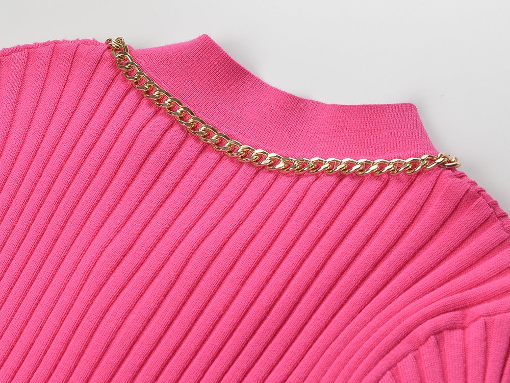 Pink Ribbed Texture Slim Fit Blazer with Gold Button Accents and Chain Trim