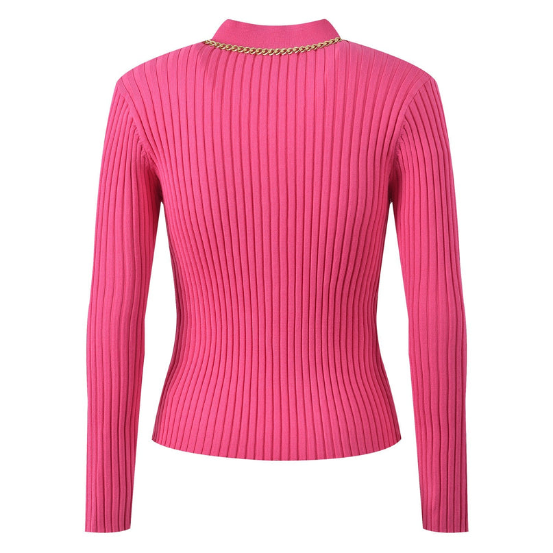 Slim fit hot pink ribbed texture top with gold-button accents and chain trim