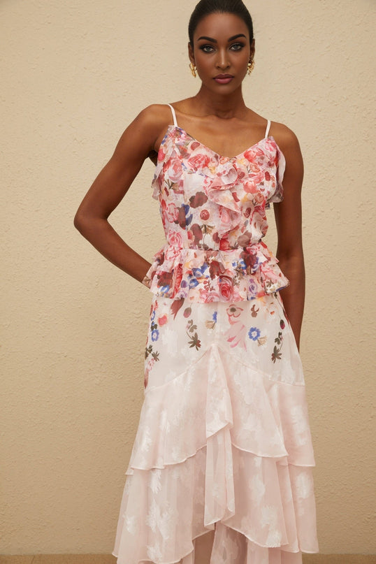 Pink Rose Print Peplum Maxi Dress with Ruffled Detailing