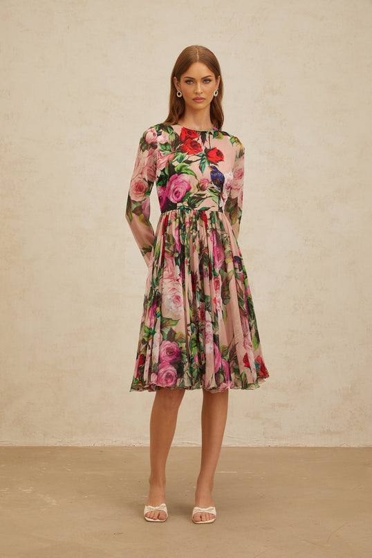Pink Rose Print Silk Midi Dress with Long Sleeves and Rear Zip Fastening