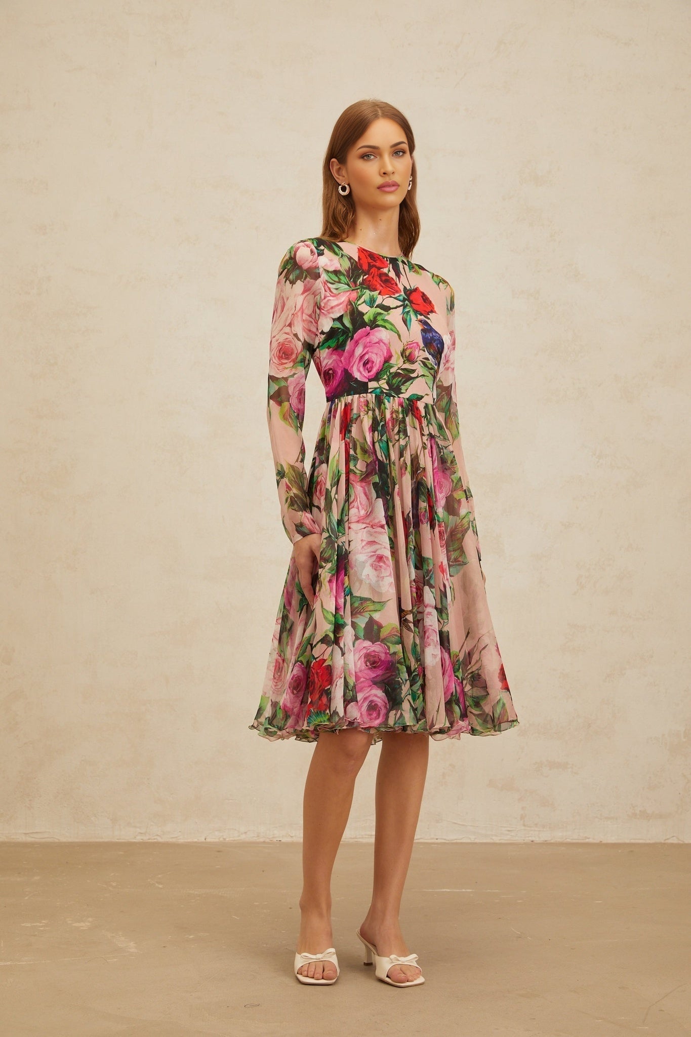 Pink Rose Print Silk Midi Dress with Long Sleeves and Rear Zip Fastening