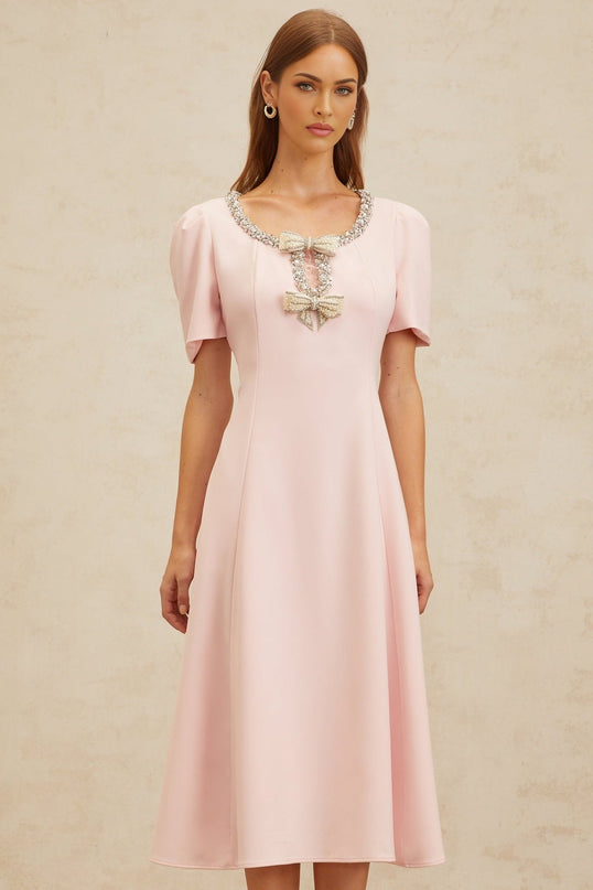 Pink Round Neck Short Sleeve Dress with Crystal, Faux-Pearl, and Bow Embellishments