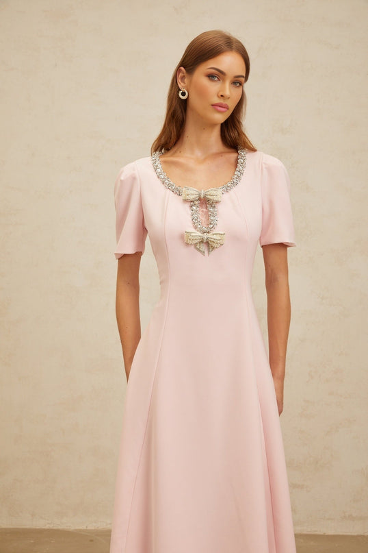 Pink Round Neck Short Sleeve Dress with Crystal, Faux-Pearl, and Bow Embellishments