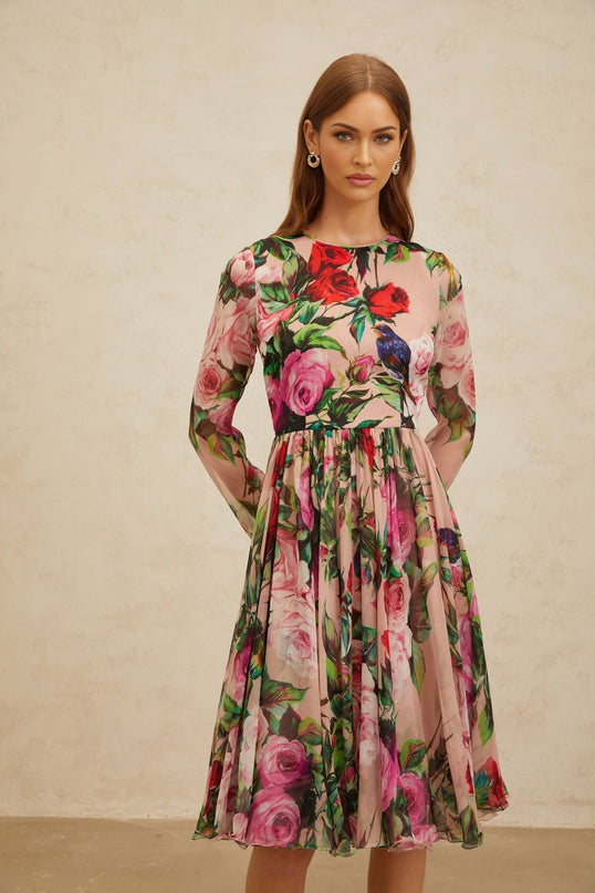 Pink silk rose print midi dress with long sleeves and shirred panel