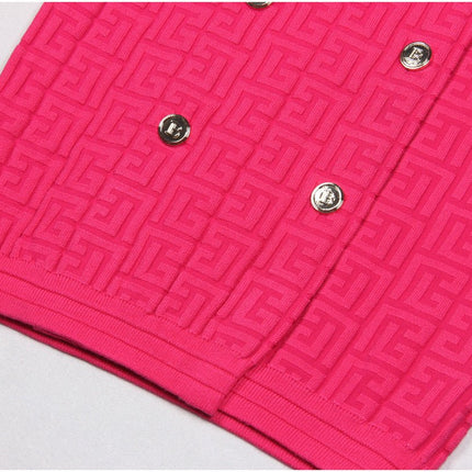 Pink tailored midi-length double-breasted belted waist knit dress with embellished buttons and pockets