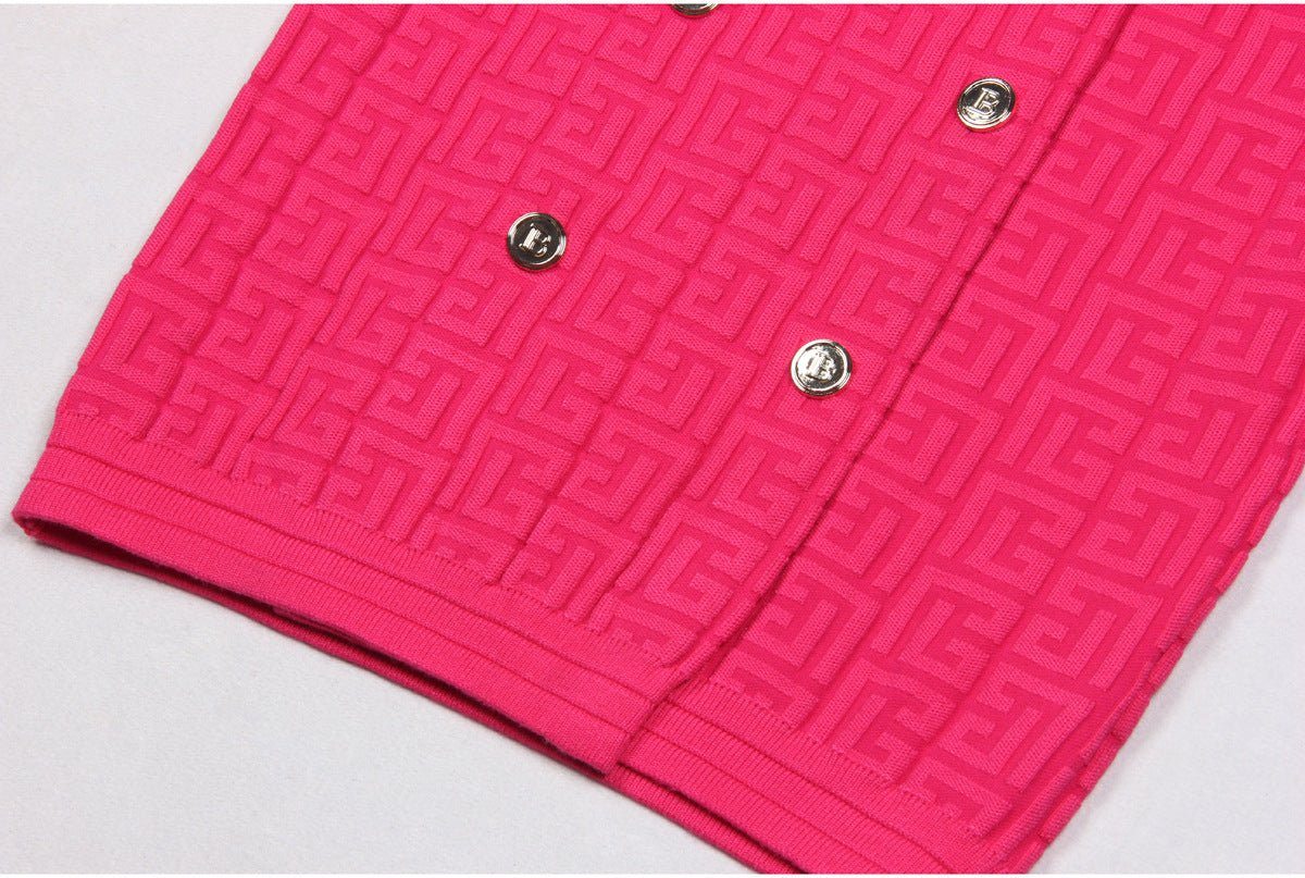 Pink tailored midi-length double-breasted belted waist knit dress with embellished buttons and pockets