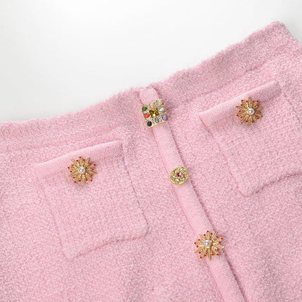 Pink Textured Button-Up Top and Tailored Skirt Set