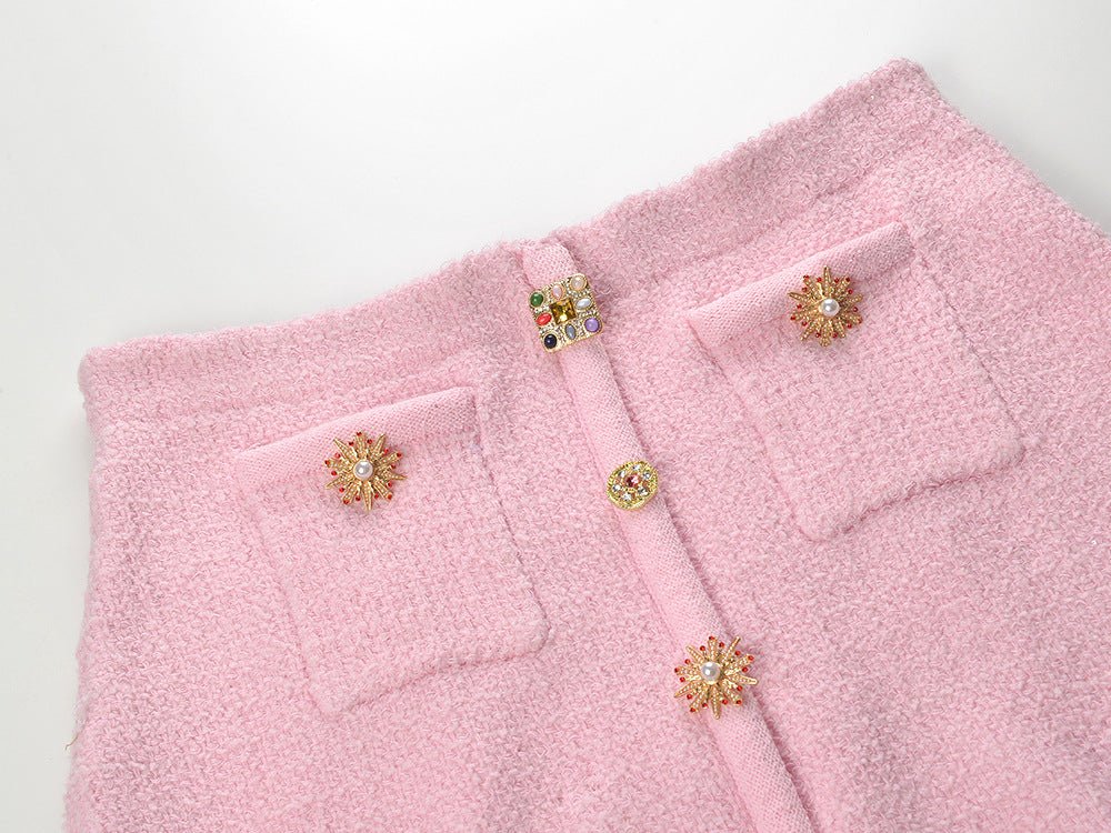 Pink Textured Button-Up Top and Tailored Skirt Set