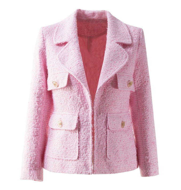 Pink Tweed Blazer with Gold Button Accents