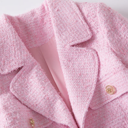 Pink tweed blazer with gold button accents and tailored silhouette