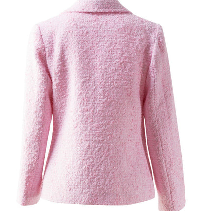Pink tweed blazer with gold buttons