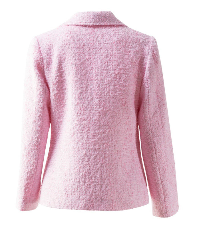 Pink tweed blazer with gold buttons