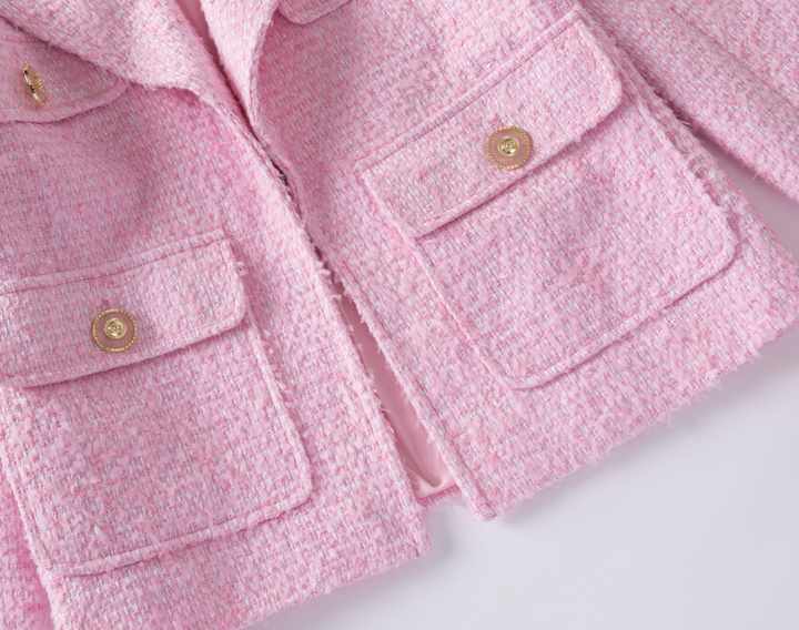 Pink Tweed Blazer with Gold Button Accents