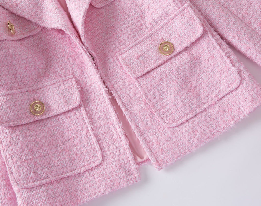 Pink Tweed Blazer with Gold Button Accents