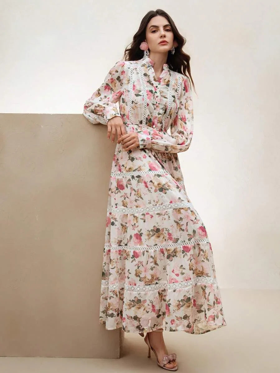 Pink Vacation Midi Dress Womens Elegant Floral Print Long Dress Colorful amp Graceful Dress For