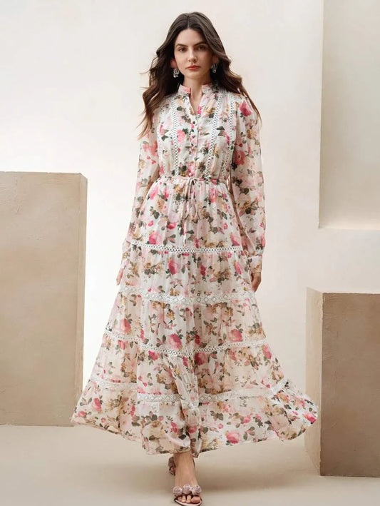 Pink Vacation Midi Dress Womens Elegant Floral Print Long Dress Colorful amp Graceful Dress For