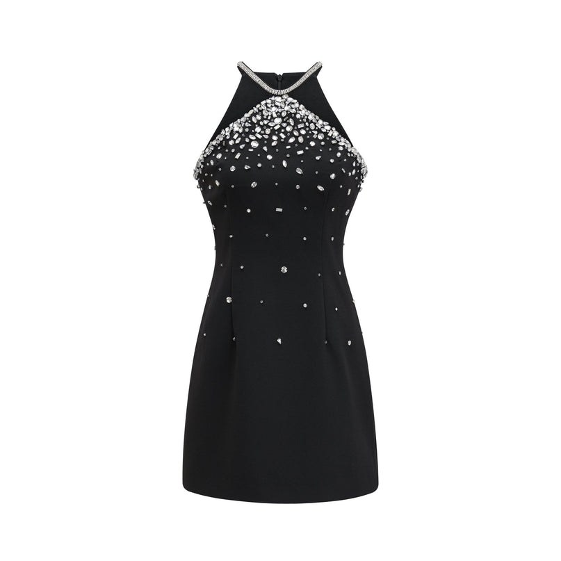 Piper Black Crystal-studded Mini Dress with Halter Neckline and Off-the-Shoulder Silhouette