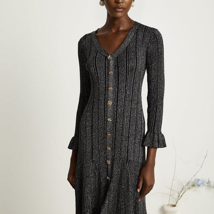 Piper Black Ribbed Midi Dress with Flounced-Cuff Sleeves and Mermaid Hem