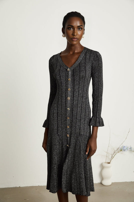 Piper Black Ribbed Midi Dress with Flounced-Cuff Sleeves and Mermaid Hem