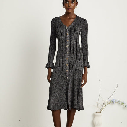 Piper Black Ribbed Midi Dress with Flounced-Cuff Sleeves and Mermaid Hem