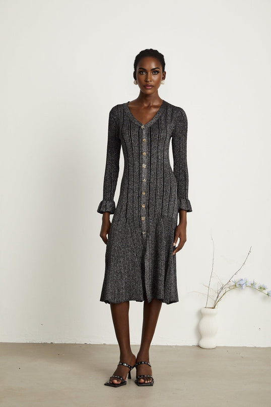 Piper Black Ribbed Midi Dress with Flounced-Cuff Sleeves and Mermaid Hem