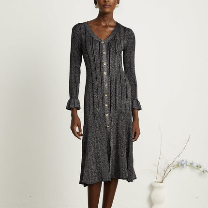 Piper Black Ribbed V-Neck Flounced-Cuff Mermaid Hem Midi Dress with Gold Buttons and Metallic Threading