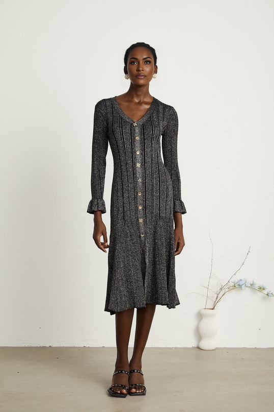 Piper Black Ribbed V-Neck Flounced-Cuff Mermaid Hem Midi Dress with Gold Buttons and Metallic Threading
