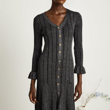 Piper Black Ribbed V-Neck Flounced-Cuff Mermaid Hem Midi Dress with Gold-Tone Buttons and Metallic Threading