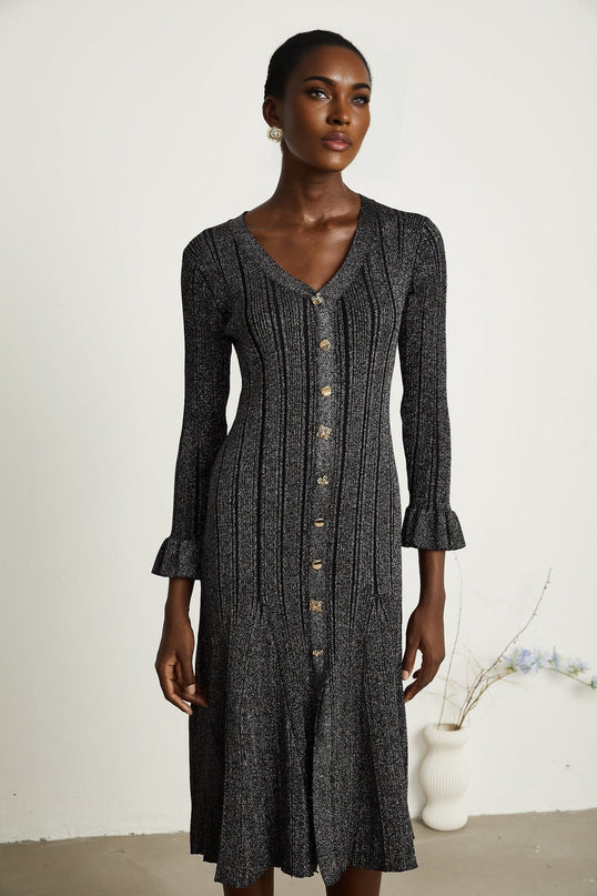 Piper Black Ribbed V-Neck Flounced-Cuff Mermaid Hem Midi Dress with Gold-Tone Buttons and Metallic Threading