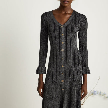 Piper Black Ribbed V-Neck Flounced-Cuff Mermaid Hem Midi Dress with Gold Buttons and Metallic Threading