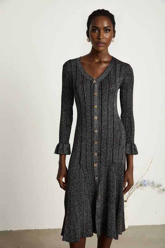 Piper Black Ribbed V-Neck Flounced-Cuff Mermaid Hem Midi Dress with Gold Buttons and Metallic Threading