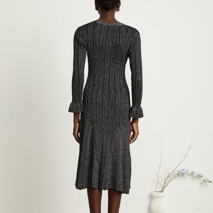 Piper Black Ribbed V-Neck Flounced-Cuff Midi Dress with Gold-Tone Buttons and Mermaid Hem