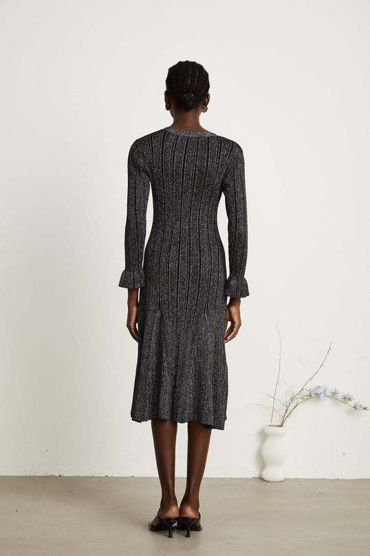 Piper Black Ribbed V-Neck Flounced-Cuff Midi Dress with Gold-Tone Buttons and Mermaid Hem