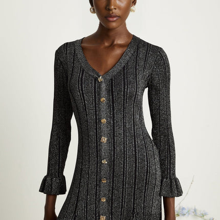 Piper Black Ribbed V-Neck Flounced-Cuff Midi Dress with Gold Buttons and Openback Design