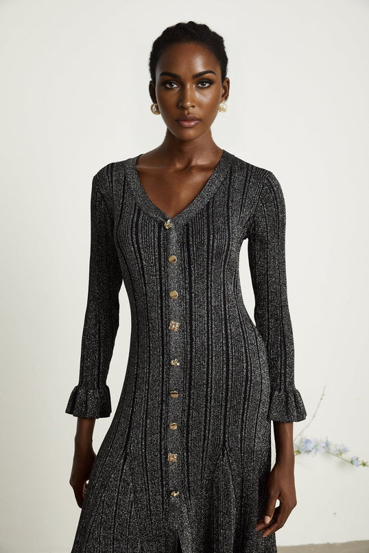 Piper Black Ribbed V-Neck Flounced-Cuff Midi Dress with Gold Buttons and Openback Design