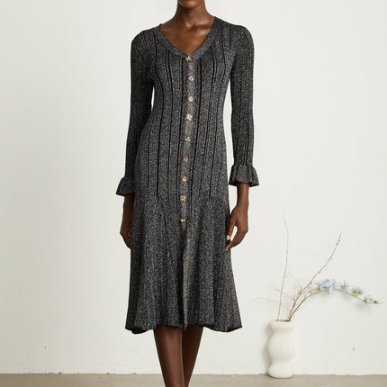 Piper Black Ribbed V-Neck Midi Dress with Flounced-Cuff Sleeves and Mermaid Hem