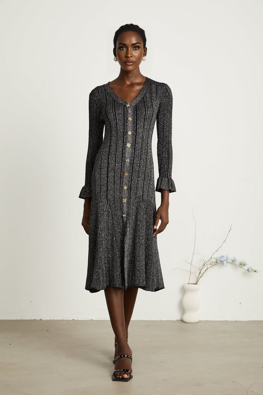 Piper Black Ribbed V-Neck Midi Dress with Flounced-Cuff Sleeves and Mermaid Hem