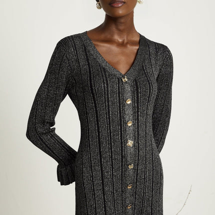 Piper Black Ribbed V-Neck Midi Dress with Flounced-Cuff Sleeves and Mermaid Hem