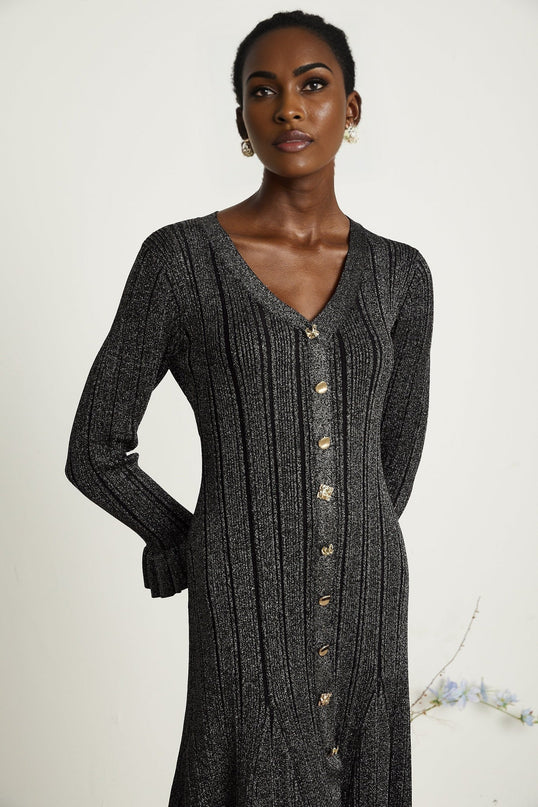 Piper Black Ribbed V-Neck Midi Dress with Flounced-Cuff Sleeves and Mermaid Hem