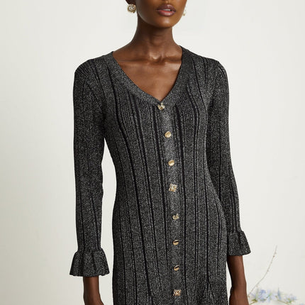 Piper Black Ribbed V-Neck Midi Dress with Flounced-Cuff Sleeves and Mermaid Hem