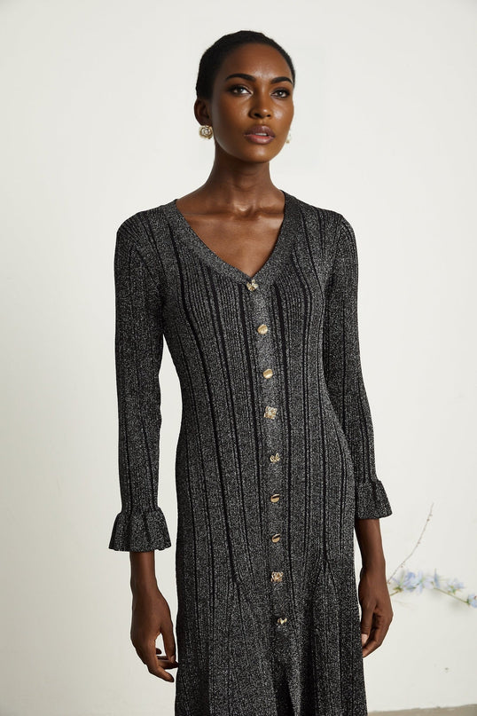 Piper Black Ribbed V-Neck Midi Dress with Flounced-Cuff Sleeves and Mermaid Hem
