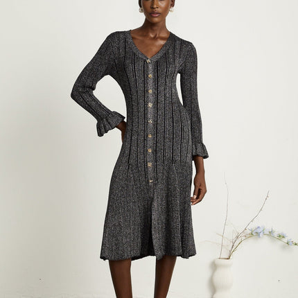 Piper Black Ribbed V-Neck Midi Dress with Flounced-Cuff Sleeves and Mermaid Hem