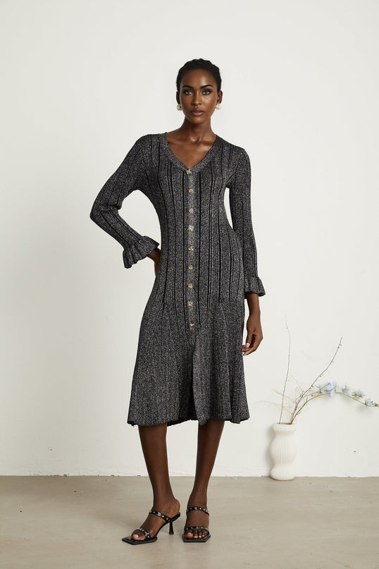 Piper Black Ribbed V-Neck Midi Dress with Flounced-Cuff Sleeves and Mermaid Hem