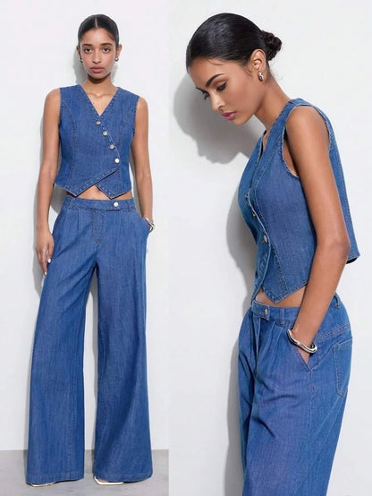 Piper Denim Top with Asymmetric Button Detail in Blue - Blue